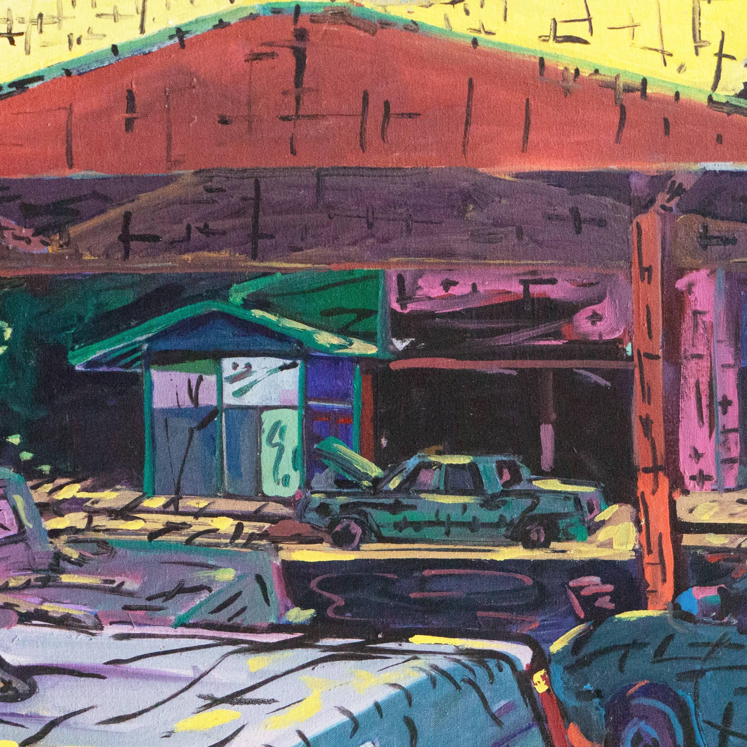 'Diamond Auto Electric', California Modernist oil - Gray Landscape Painting by Keith Longcor