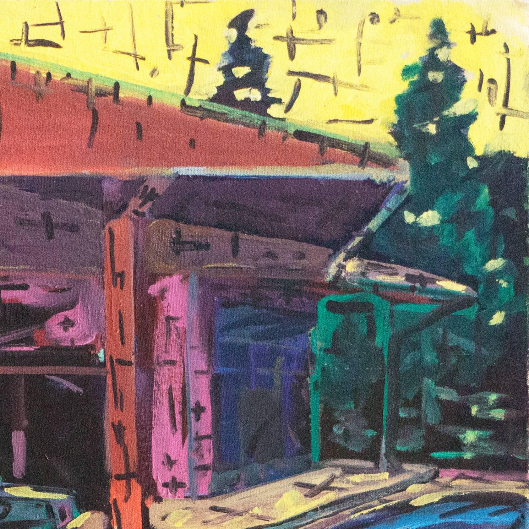 Signed verso, 'Keith Longcor', dated 1989 and titled, 'Diamond Auto Electric'.

A kinetic, post-industrial landscape showing a view of various automobiles parked on a garage forecourt in Modesto, California.

This listed California painter lived,