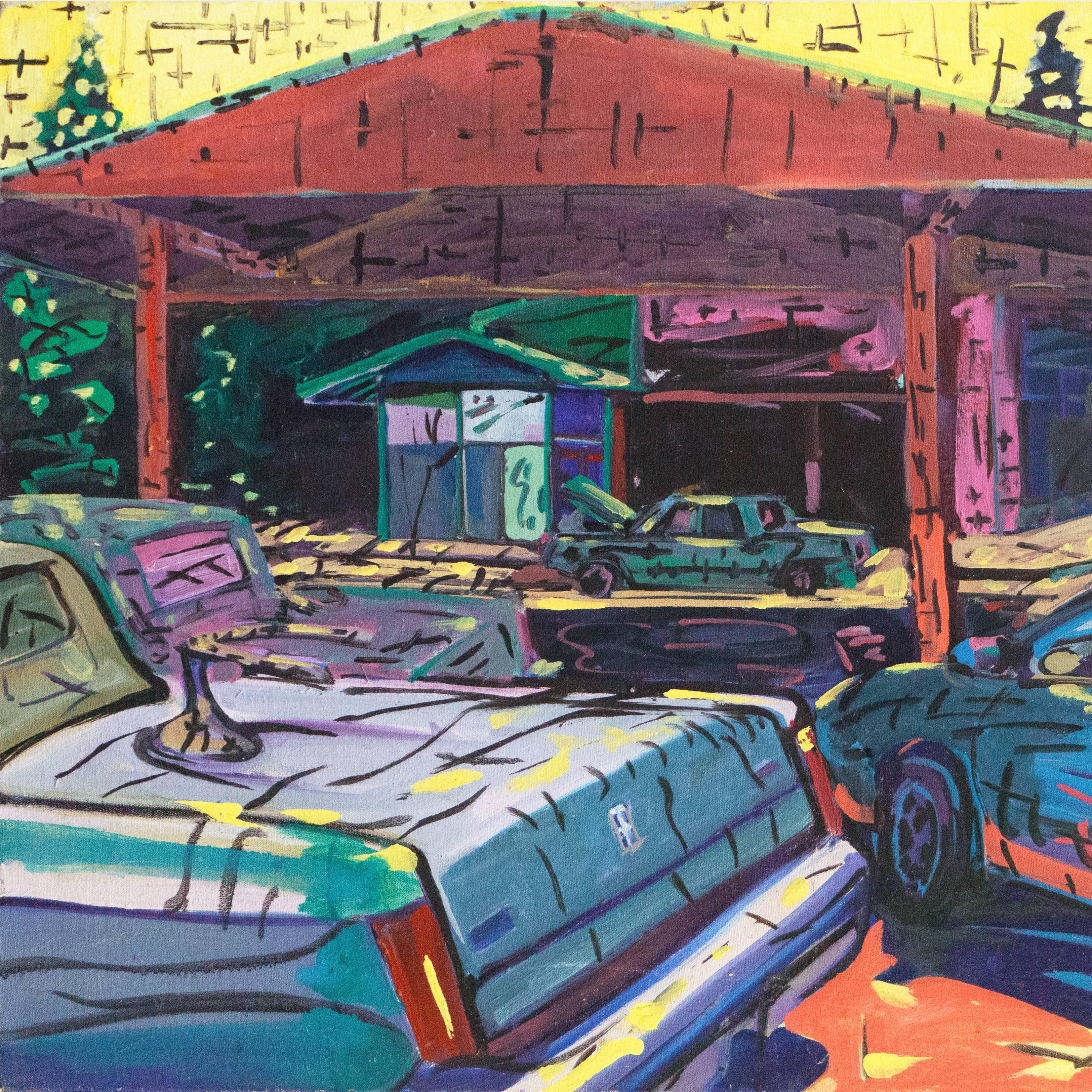 „Diamond Auto Electric“, Kalifornien, modernistisches Ölgemälde – Painting von Keith Longcor