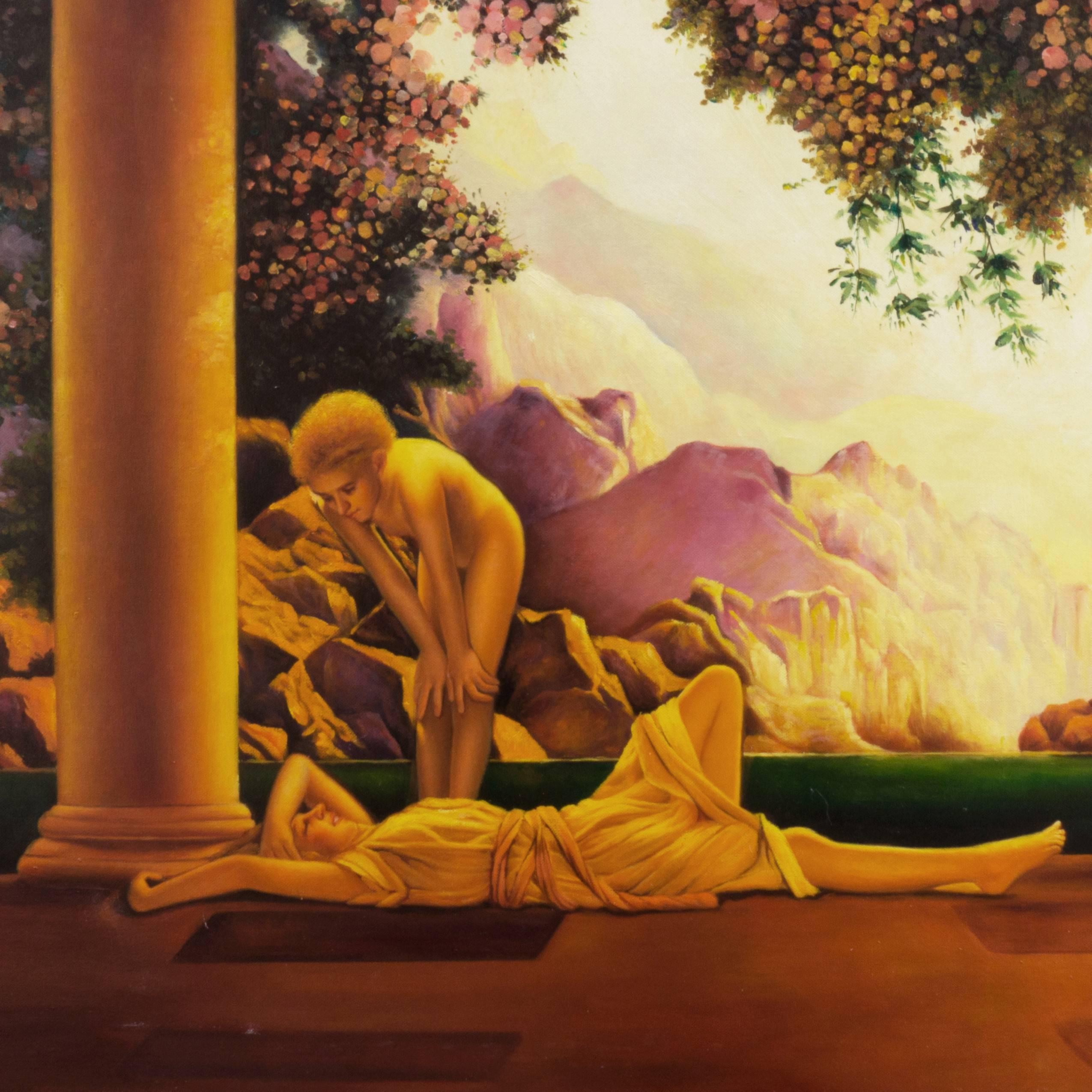 Signed lower right, 'Alfred Bendiner' and painted circa 1935. 

A substantial, light-filled oil landscape showing a nymph reclining beneath the columns of a neoclassical temple with her companion standing beside her and a view beyond to golden,