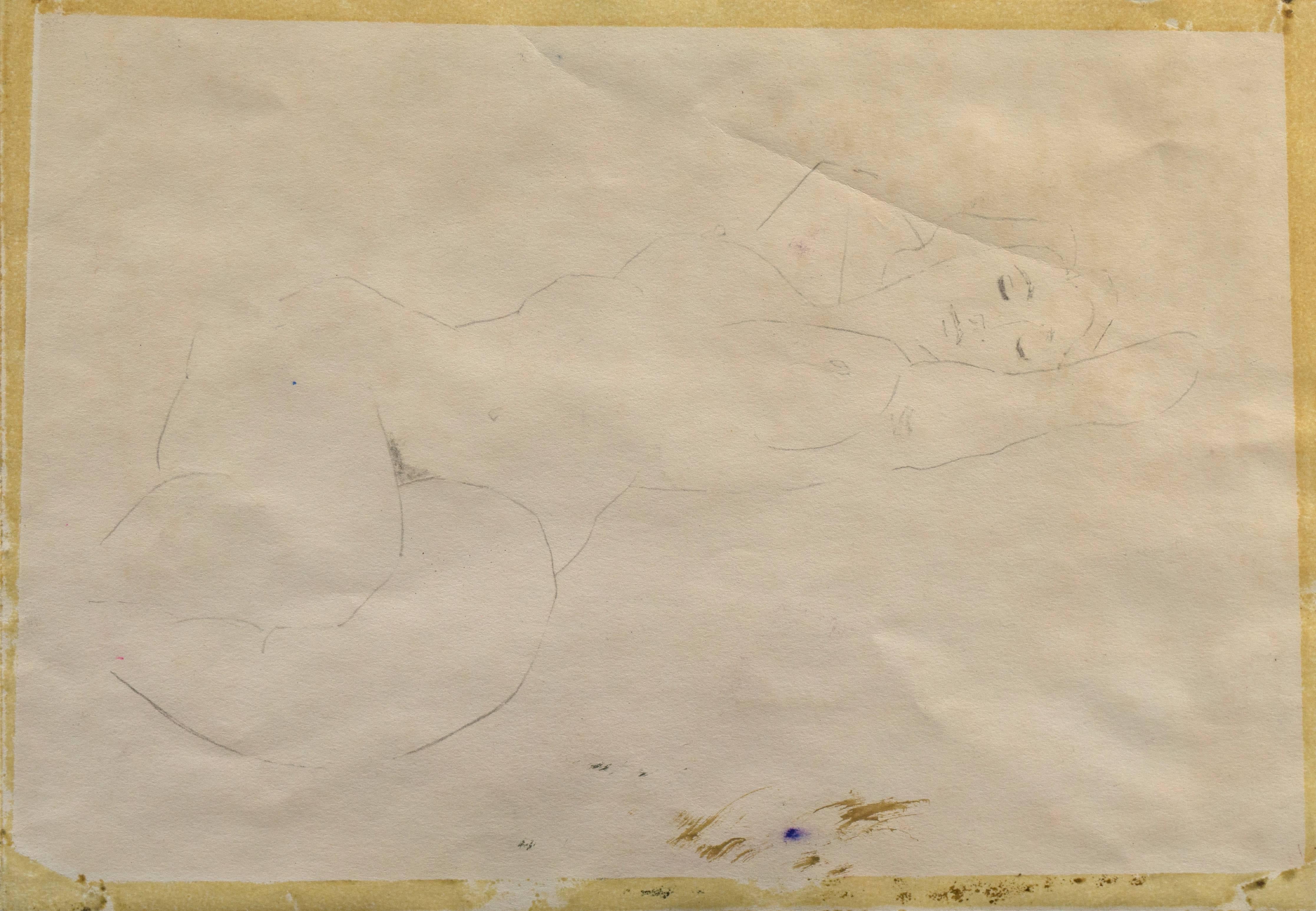 Signed lower center, 'Shepherd' for Sydney Horne Shepherd (British, 1909-1993) and painted circa 1960; accompanied by old exhibition label. 

A lyrical watercolor of a woman reclining and gazing towards the viewer.

Born in Dundee and educated at