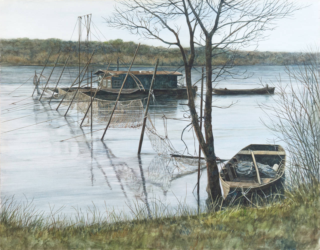 Robert Moesle Landscape Painting - Fishing Nets Along the Loire