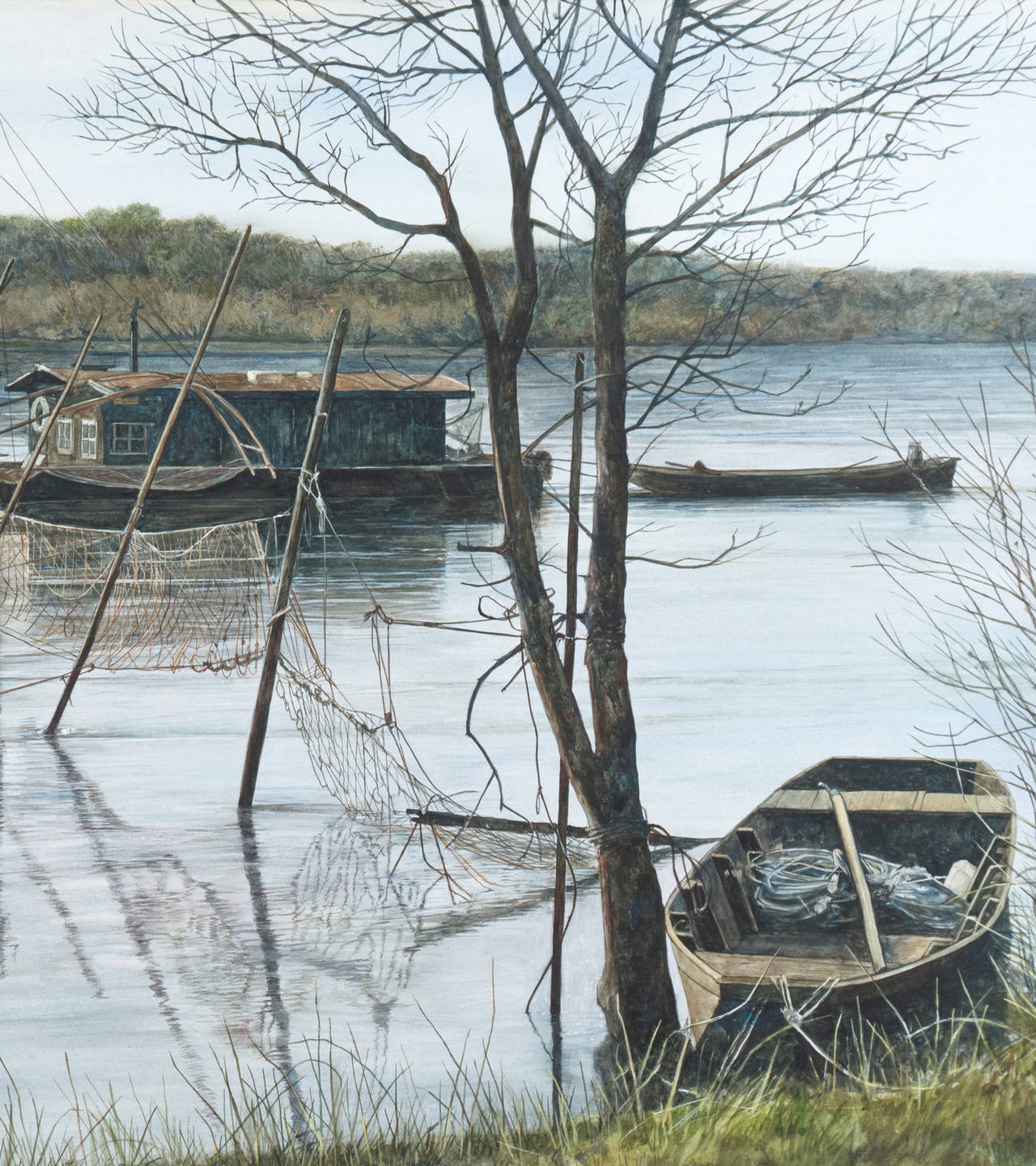 Fishing Nets Along the Loire - Painting by Robert Moesle