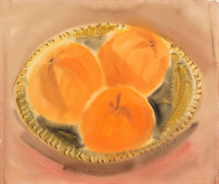 Leah Schwartz Still Life Of Peaches In A Woven Basket By A