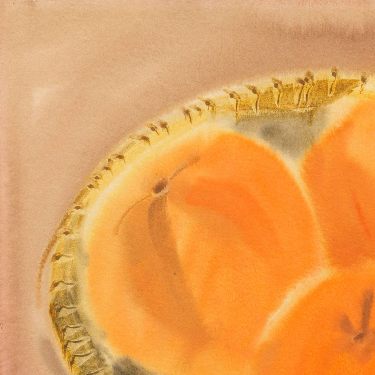 'Melocotones en una cesta tejida', Mujer artista californiana - Painting Posimpresionista de Leah Schwartz