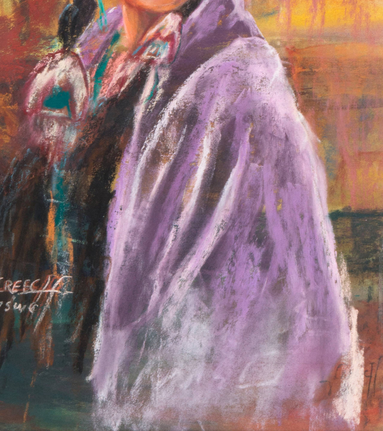 Signed lower left 'Creech PSWC' and created circa 1975

A compelling pastel study showing the subject dressed in brightly-colored ceremonial robes and gazing past the viewer. An elegant work by this well-listed artist and member of the Pastel