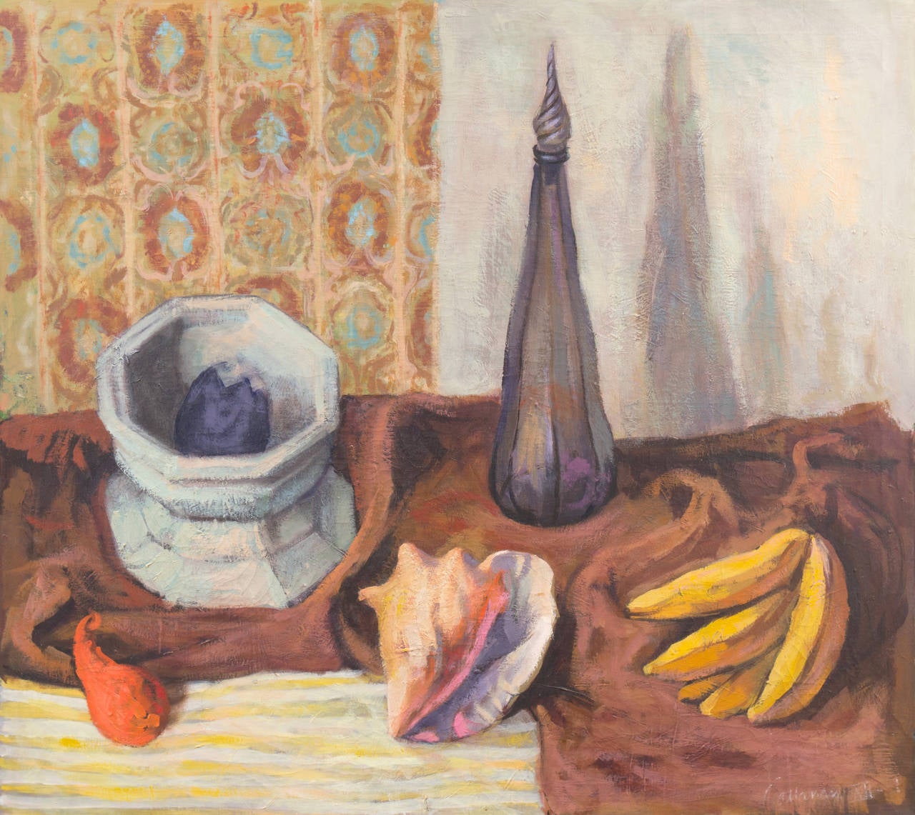 'Still Life with Conch Shell', Large Mid-Century American Post Impressionist Oil