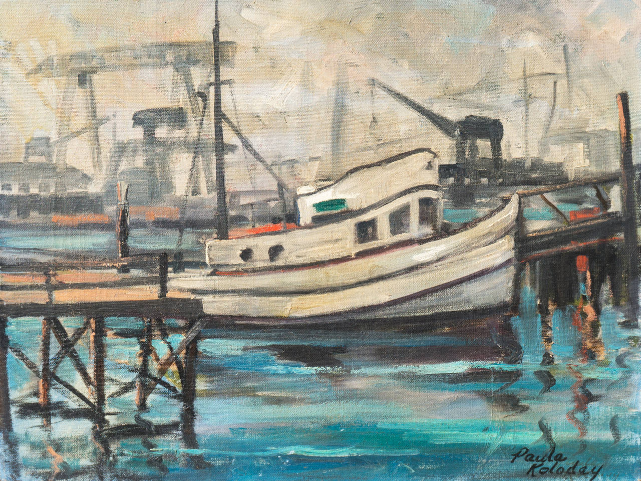 Paula Koloday Landscape Painting - 'Fishing Boat in Harbor', Oakland, California, Woman artist