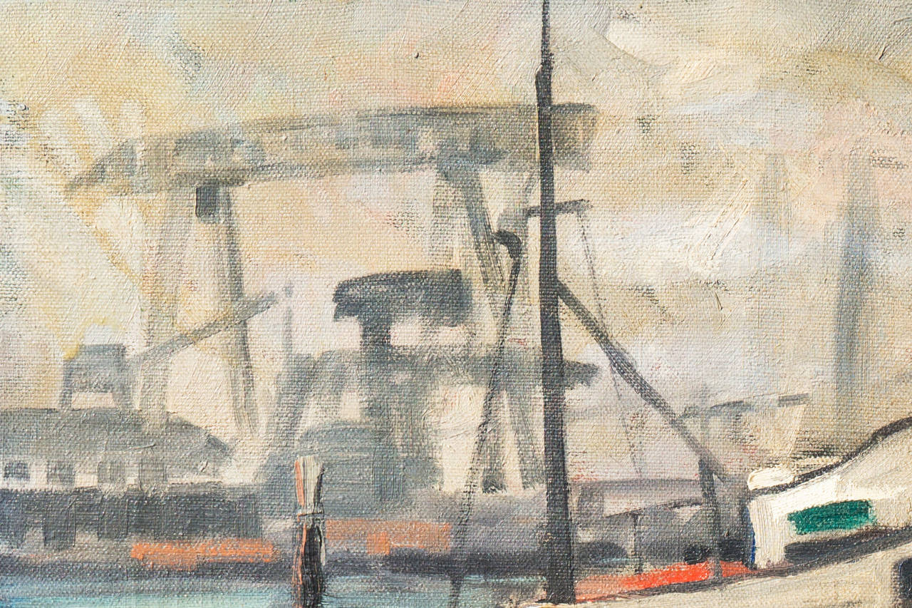 « Fishing Boat in Harbor », Oakland, Californie, femme artiste - Gris Landscape Painting par Paula Koloday
