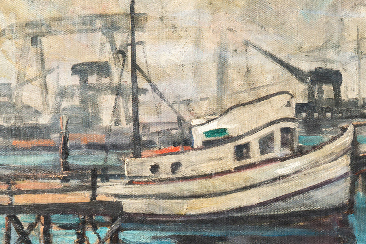 'Fishing Boat in Harbor', Oakland, California, Woman artist - Painting by Paula Koloday