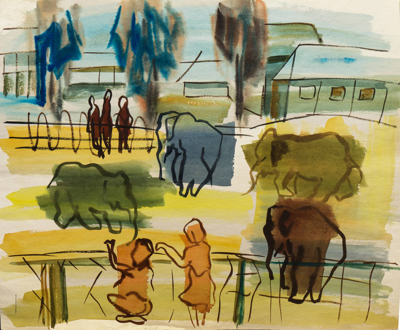 Dora Masters Landscape Painting - At The Zoo, 1955