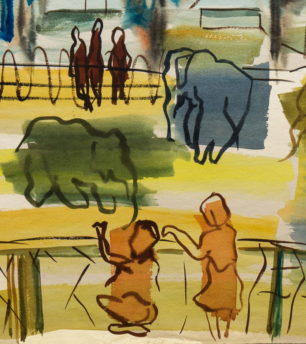 A substantial mid-century watercolor showing a view of a zoo with visitors viewing the elephant enclosure. An exuberant Modernist work by this notable California woman artist. Signed lower right 