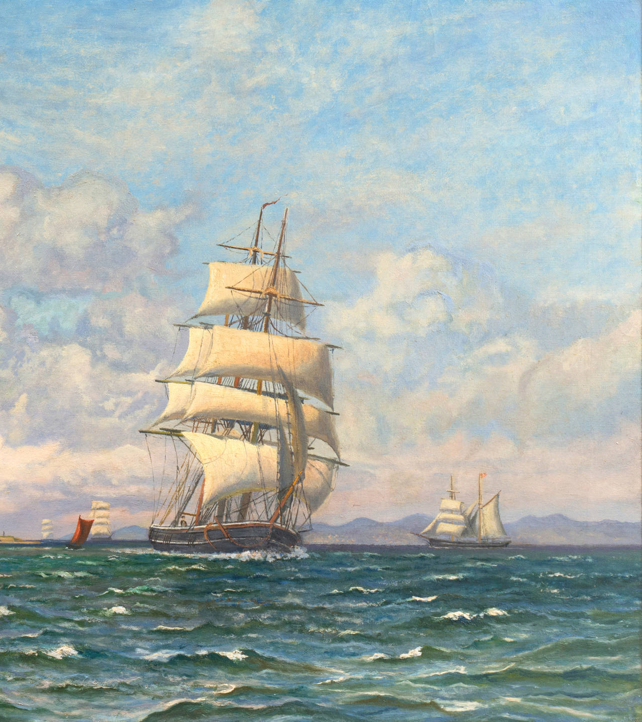 A Three-Master in a Stiff Breeze   (Seascape, Danish, Impressionism, Kronberg) - Painting by Unknown