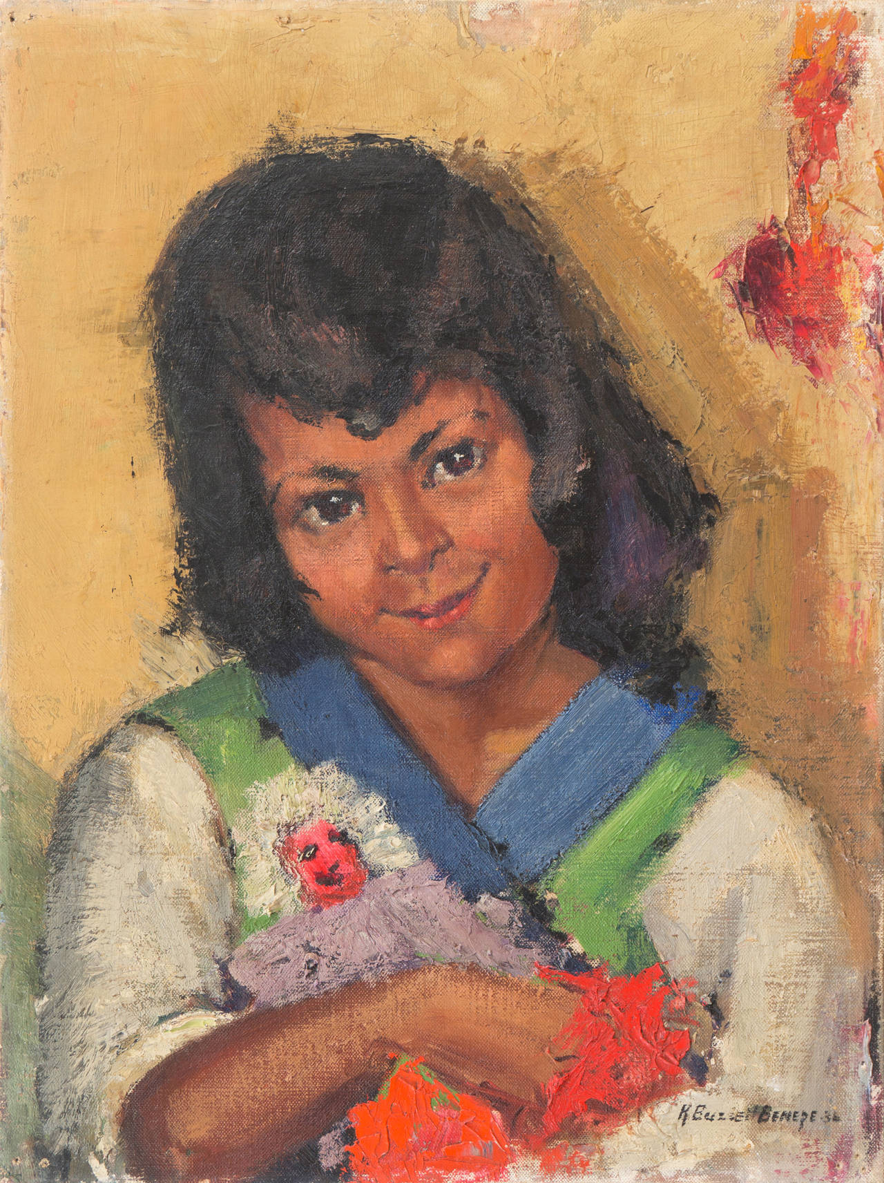 Portrait Painting Katharine Buzzell Benepe - « Hot Girl with Kachina Doll », artiste californienne, Pasadena Art Association