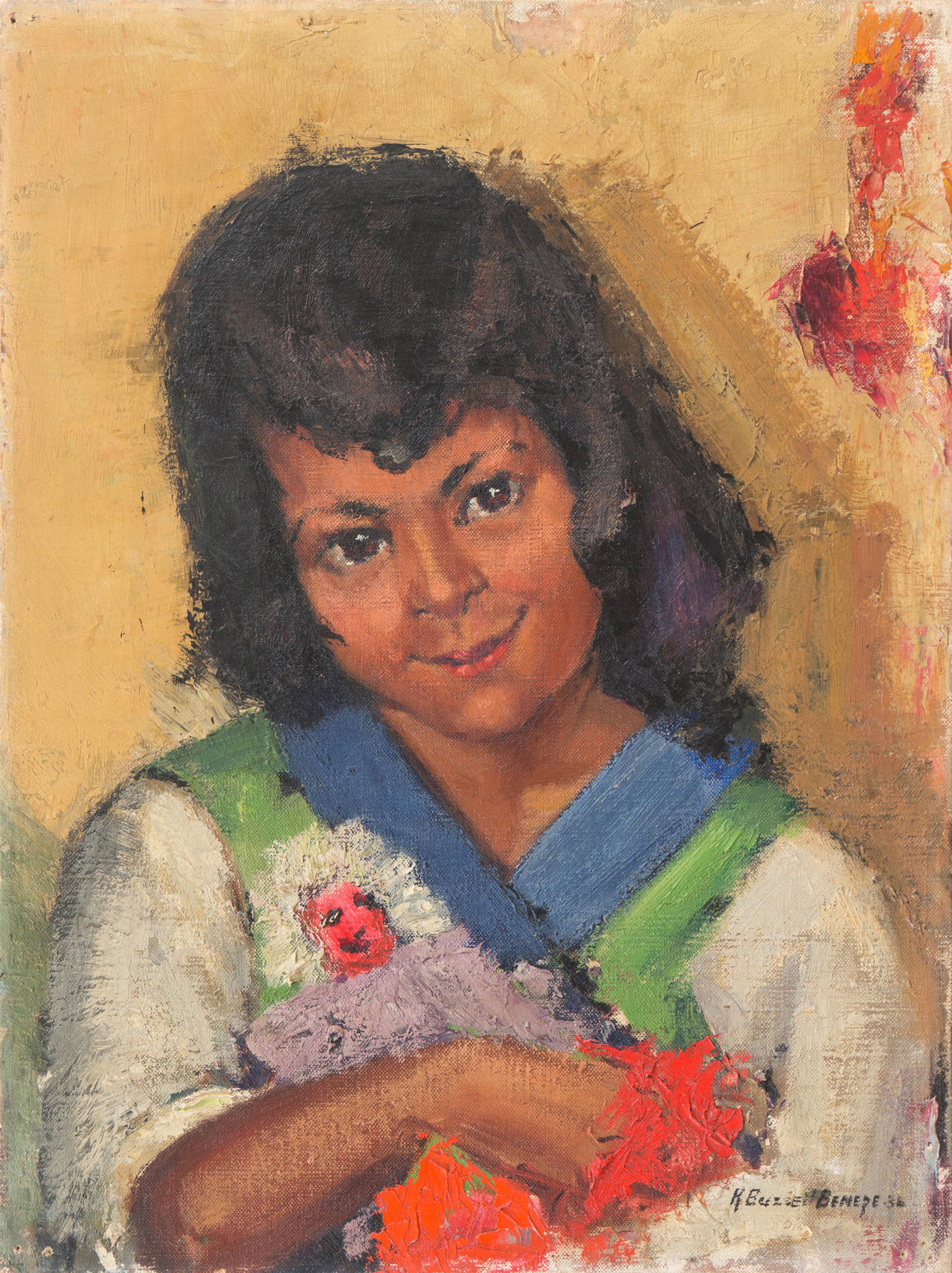 Katharine Buzzell Benepe Portrait Painting - 'Hopi Girl with Kachina Doll', California Woman artist, Pasadena Art Association