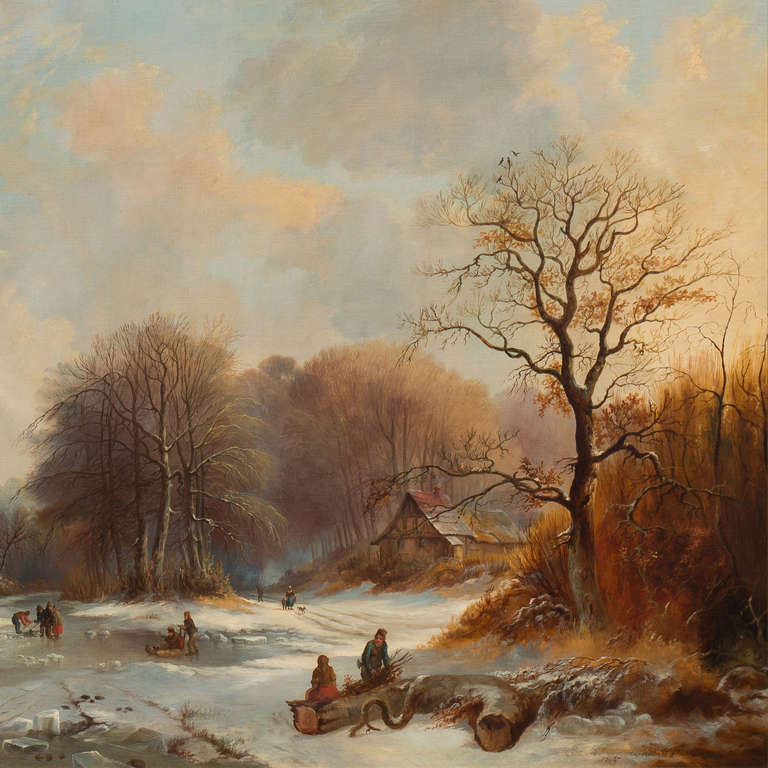 Signed, Inscribed and Dated Lower Right: 
'Edward Fraunces D. Pritchard f. 1845'

A panoramic, sun-lit winter landscape showing a view of a church spire rising above a distant village with numerous figures engaged in a variety of winter sports
