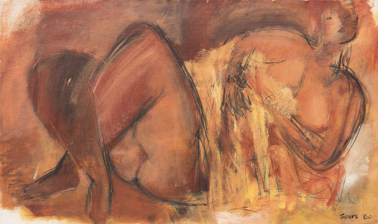 'Nude in Rust and Gold', Large Mid-Century Expressionist Figural Oil - Painting by Sears, Roebuck & Company
