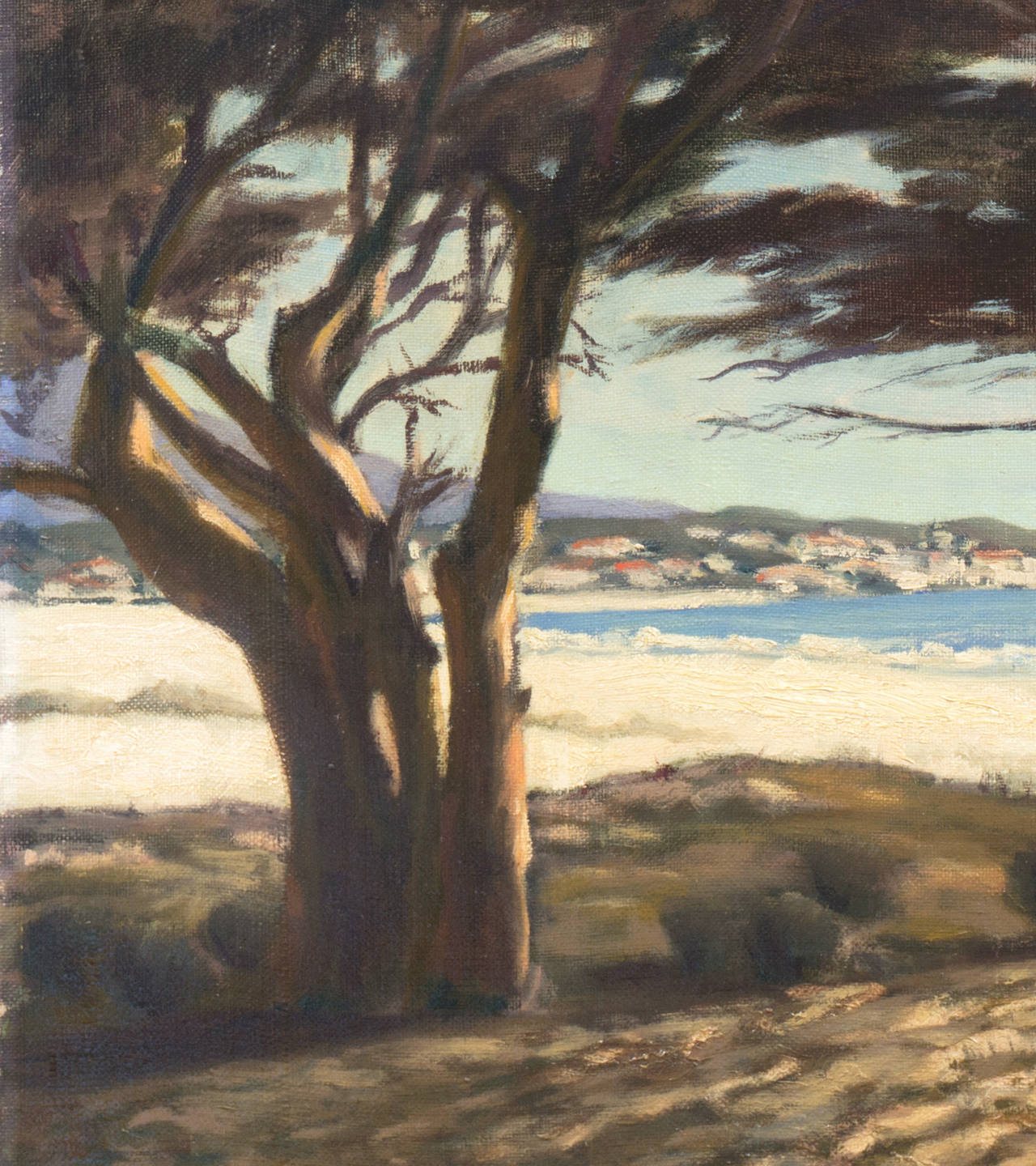 Inscribed verso, 'S.P. Danno, M.D.', titled 'Carmel' and dated 1955 on old label verso. 
Provenance: Los Angeles Physicians' Art Society 1955 Exhibition

A fine, mid-century oil coastal landscape showing an intimate view of the sandy beach at