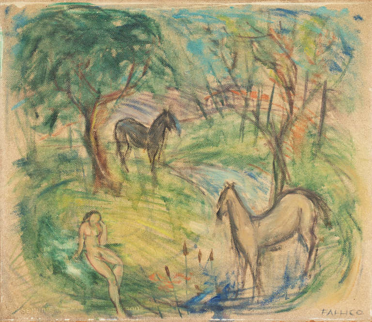 Arturo Fallico Landscape Painting - Pastoral Nude with Horses