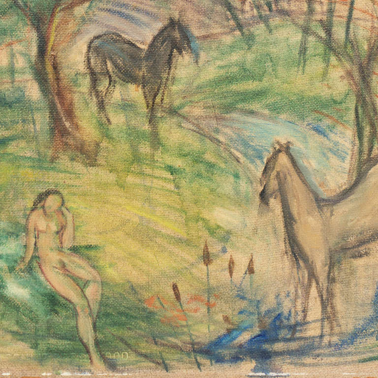 Pastoral Nude with Horses - Painting by Arturo Fallico