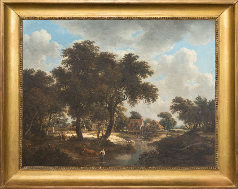 Landscape with Millhouse and Figures - Painting by Cornelis Huysmans