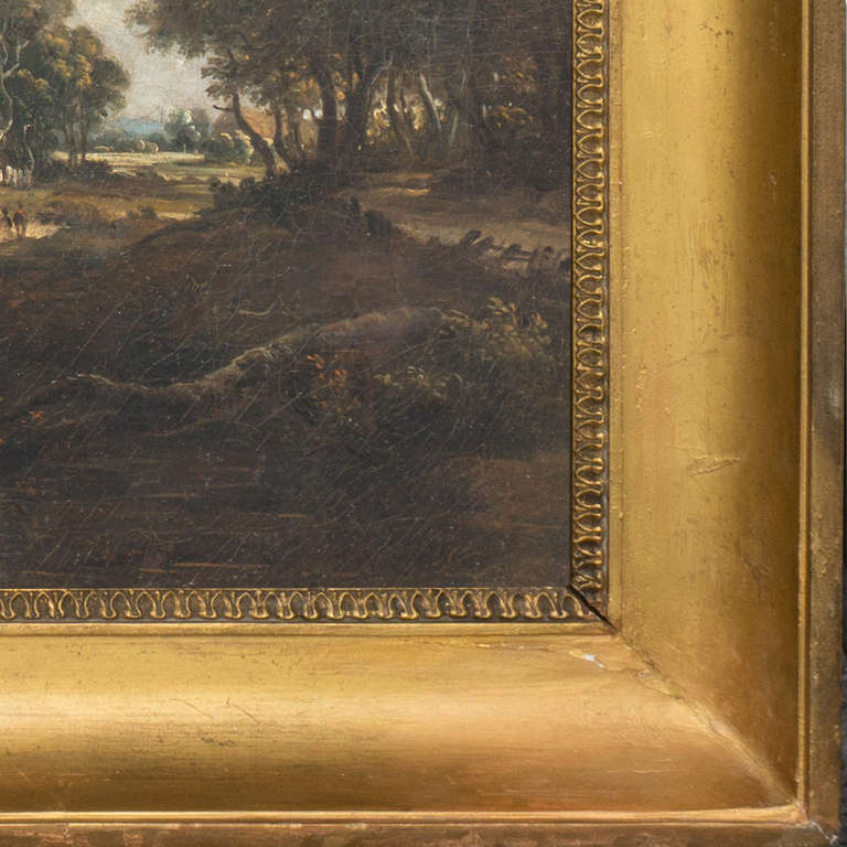 Inscribed verso "Huysmans" and painted circa 1710. 

A substantial, panoramic landscape showing a view of two woman herding a cow across a stream and a mill-house standing in a distant, sun-lit clearing. Characteristically fine and poetic