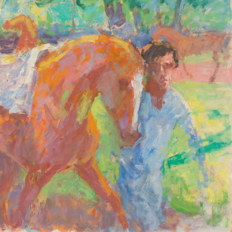 'In the Paddock', Impressionist Equestrian oil, Monterey, California artist - Painting by Thad Emory Leland
