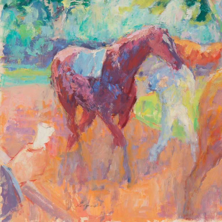 'In the Paddock', Impressionist Equestrian oil, Monterey, California artist - Brown Landscape Painting by Thad Emory Leland