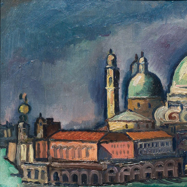 Signed lower left "J. Negulesco", titled "Venise" and dated 1928.

A dramatic, early 20th-century oil showing the iconic 16th century church overlooking the jade waters of the lagoon with a gondola in the foreground

Born in