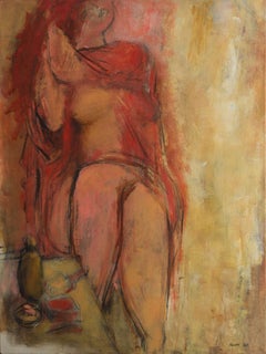 'Nude in Ivory and Coral', Large Mid-Century Expressionist Figural Oil