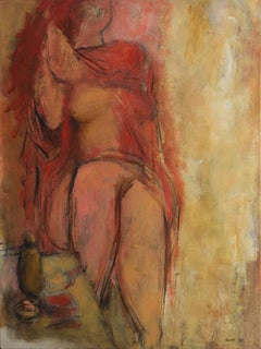 Vintage 'Nude in Ivory and Coral', Large Mid-Century Expressionist Figural Oil 