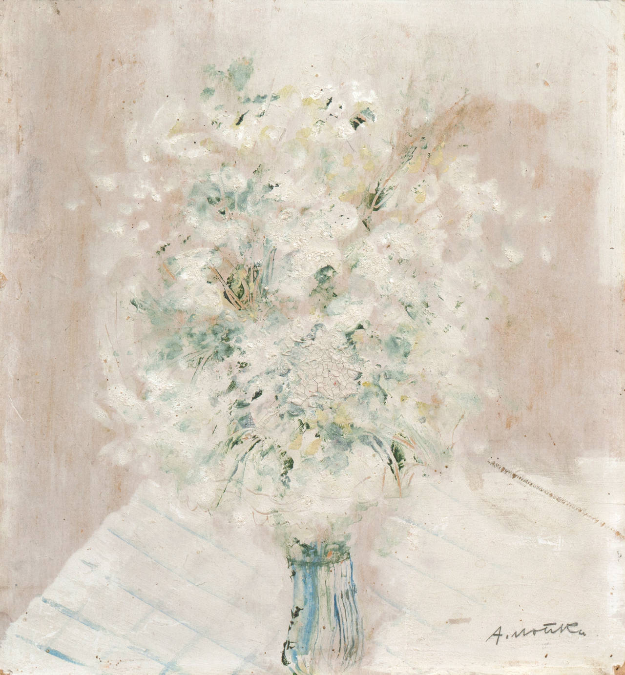 Antun Motika Still-Life Painting - Post-Impressionist oil Still Life, 'Cream and White Flowers', Ivory & Parchment