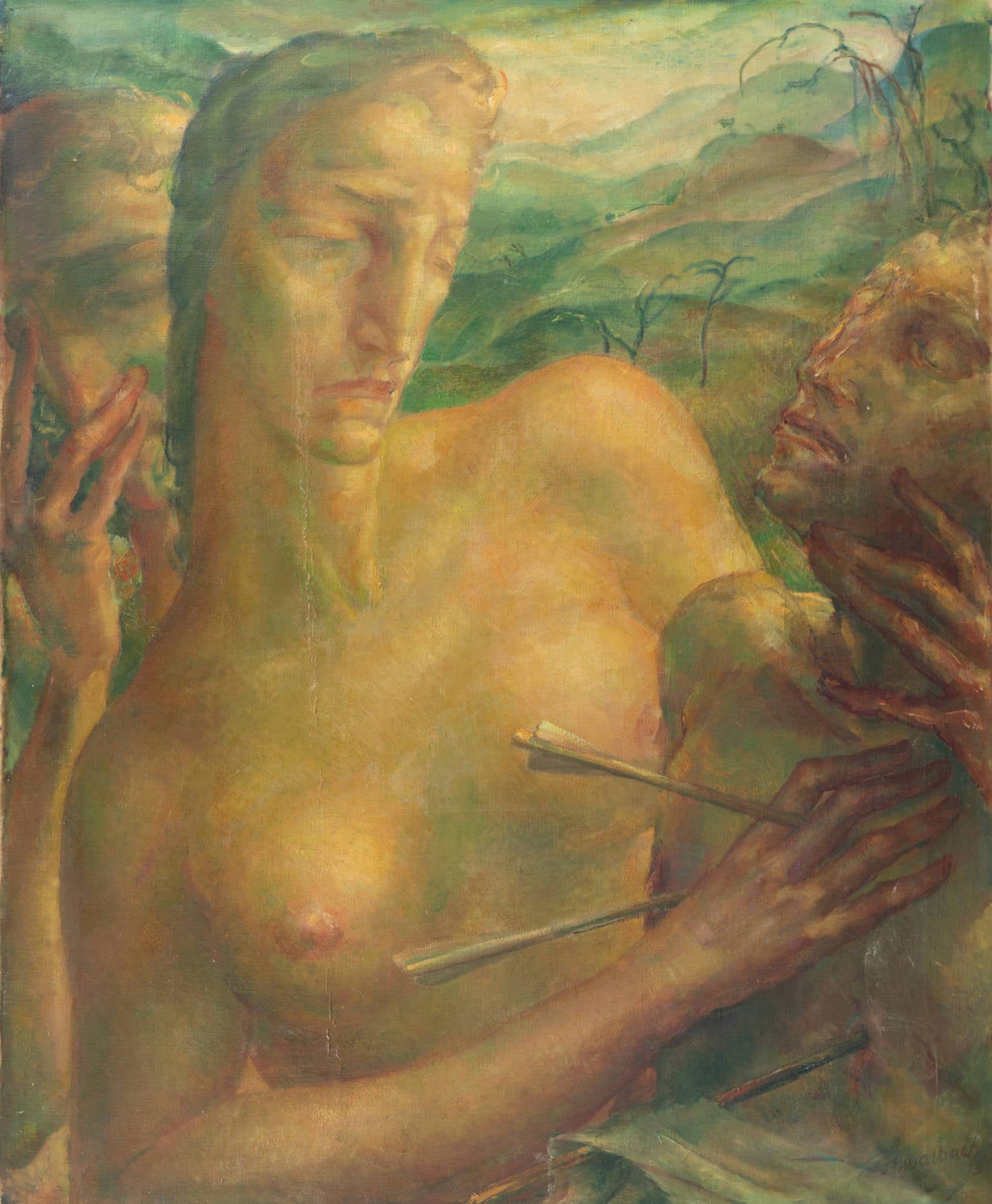 Carl schwalbach Figurative Painting - 'The Martyrdom of Saint Sebastian with Saint Irene of Rome', German Modernist 