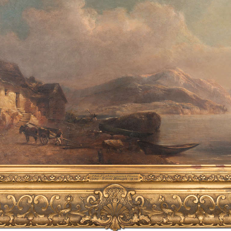 An atmospheric, mid-19th century oil landscape showing a panoramic view of a highland loch and distant mountains with a fisherman loading a horse-drawn cart beside rustic cottages.

This accomplished landscape painter and member of the Royal