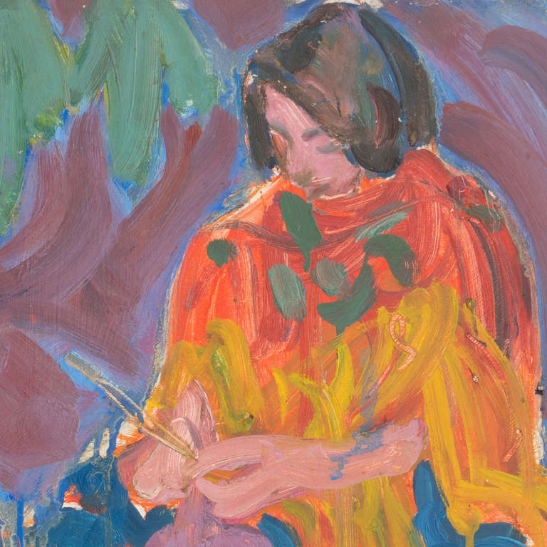 Young Woman Knitting - Painting by Victor Di Gesu