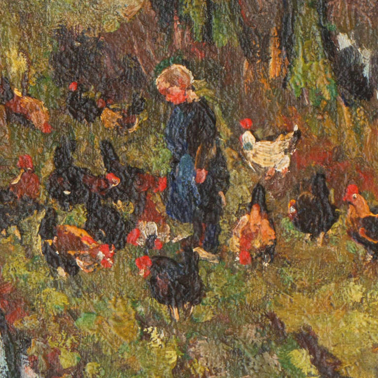 An atmospheric 19th century Impressionist oil landscape showing a woman tending a flock of chickens on the grassy verge of a country lane after heavy rain.   

Signed lower right, 'J. V. Hermans' and painted circa 1880; additionally signed verso and