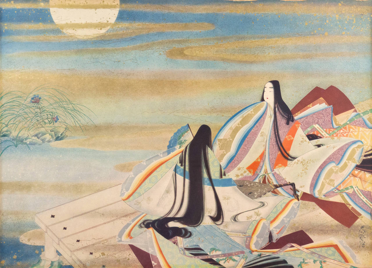 Ogyu Tensen Figurative Print - 'Musicians Viewing the Full Moon', Large Japanese Color Woodblock Print, Biwa