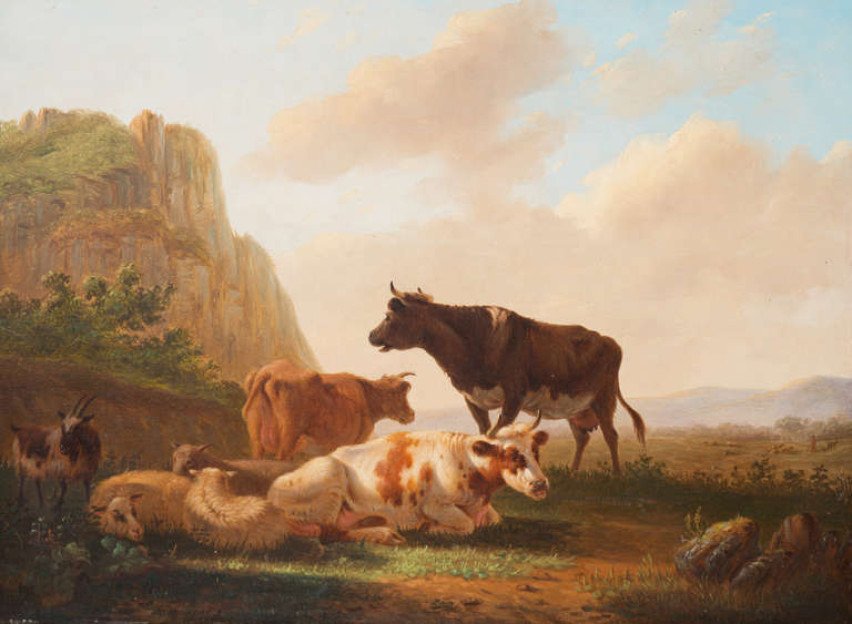 'Cattle and Sheep in a Landscape', 19th century Dutch Academic Pastoral Scene - Painting by Matthijs Quispel