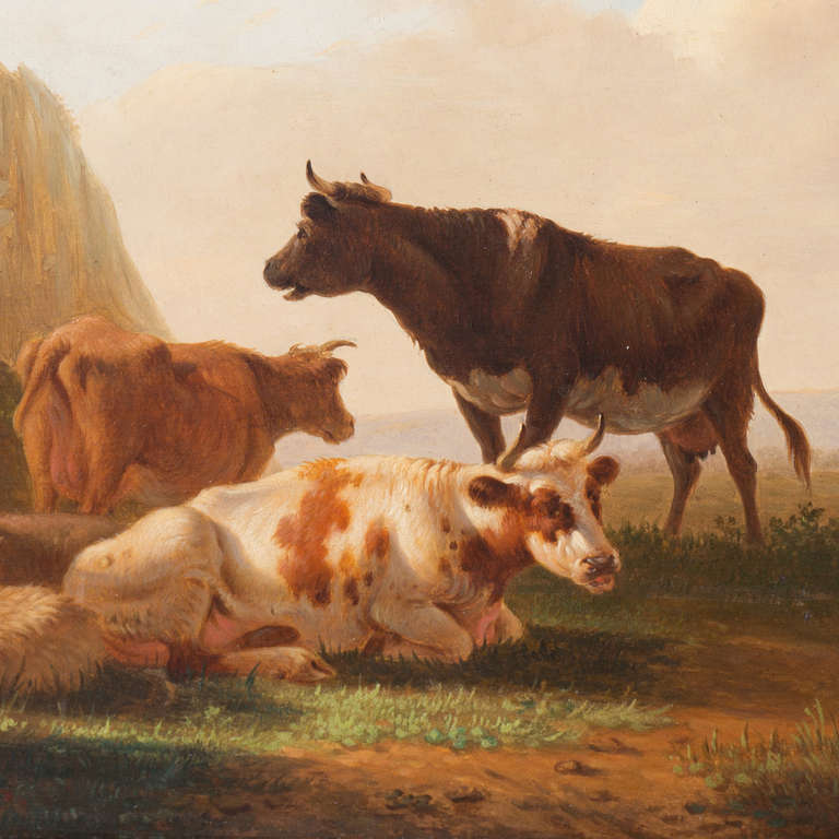 'Cattle and Sheep in a Landscape', 19th century Dutch Academic Pastoral Scene - Realist Painting by Matthijs Quispel
