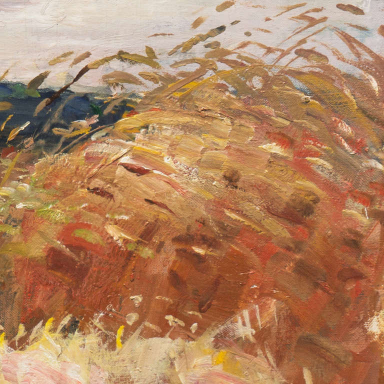 Signed lower left "Vantore" and painted circa 1950.

A fresh and breezy view of a wheat field at harvest time showing masterful handling of both the recession and the swift-moving, light-swollen clouds. 

Born in Copenhagen in 1895, Mogens