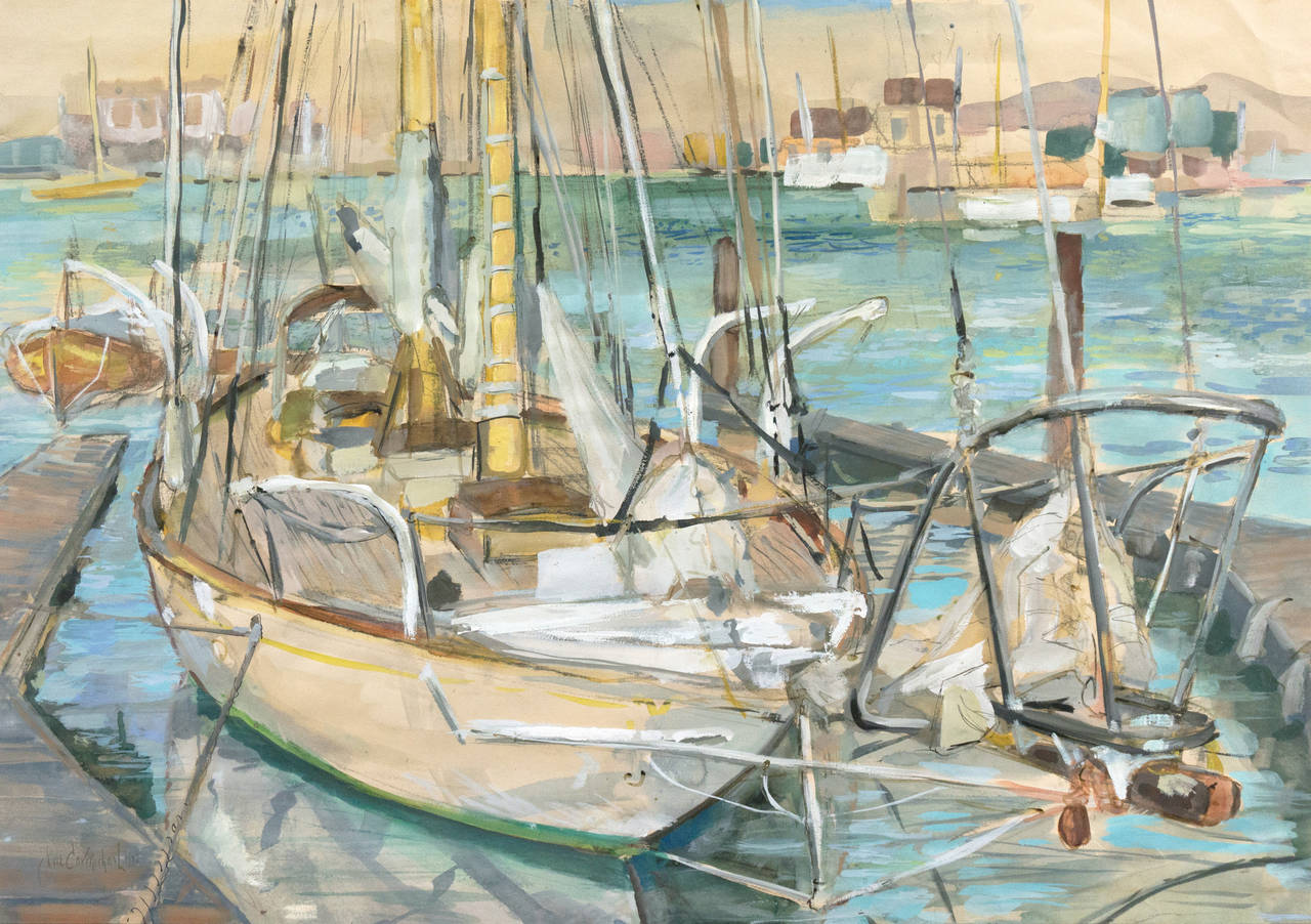 Jae Carmichael Landscape Art - 'Sailing Boat in Harbor', SFMOMA, Woman Artist, California Post-Impressionist