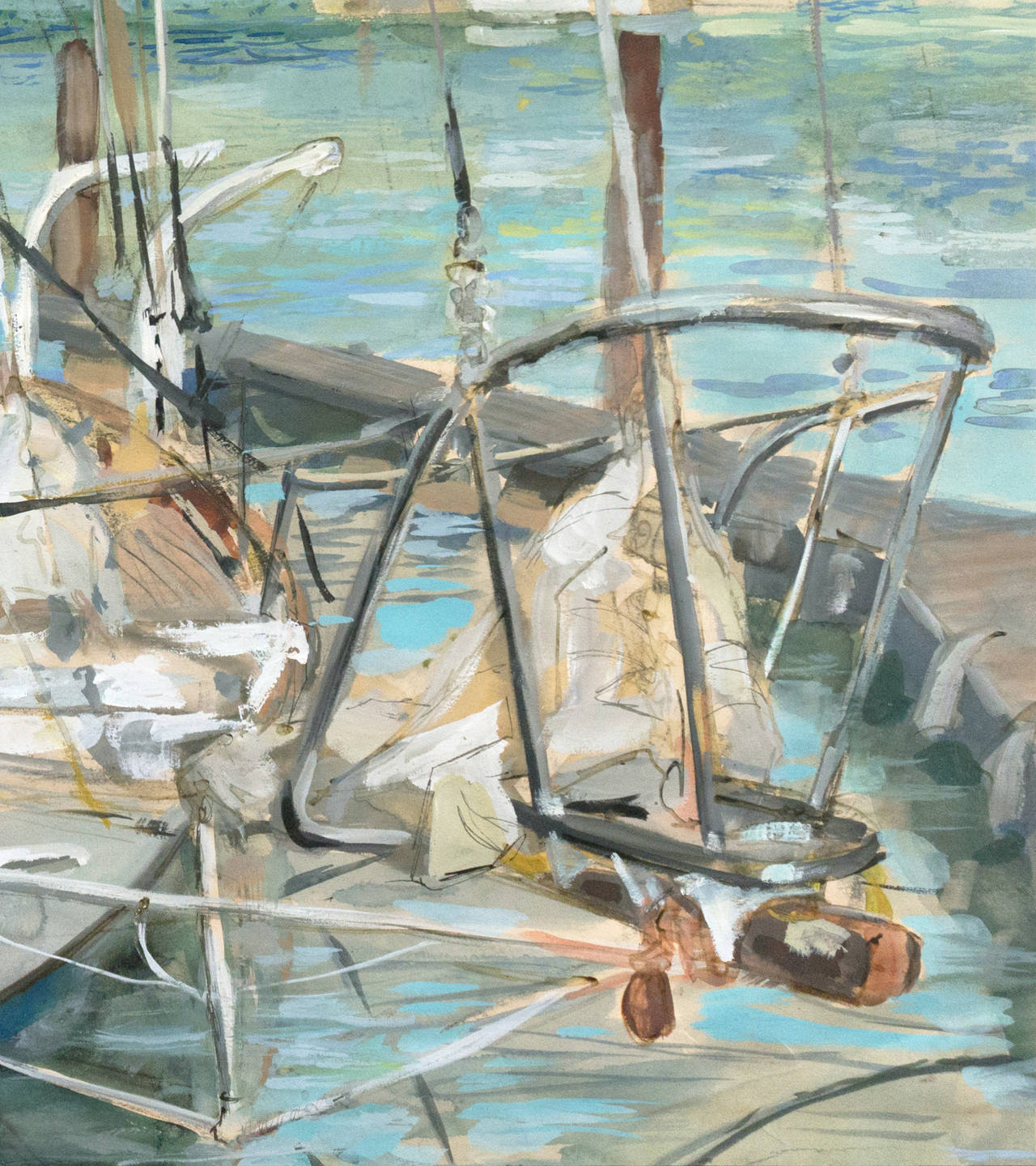 An attractive mid-century coastal scene showing a sailing boat resting in a calm berth on turquoise waters.

Signed lower left 