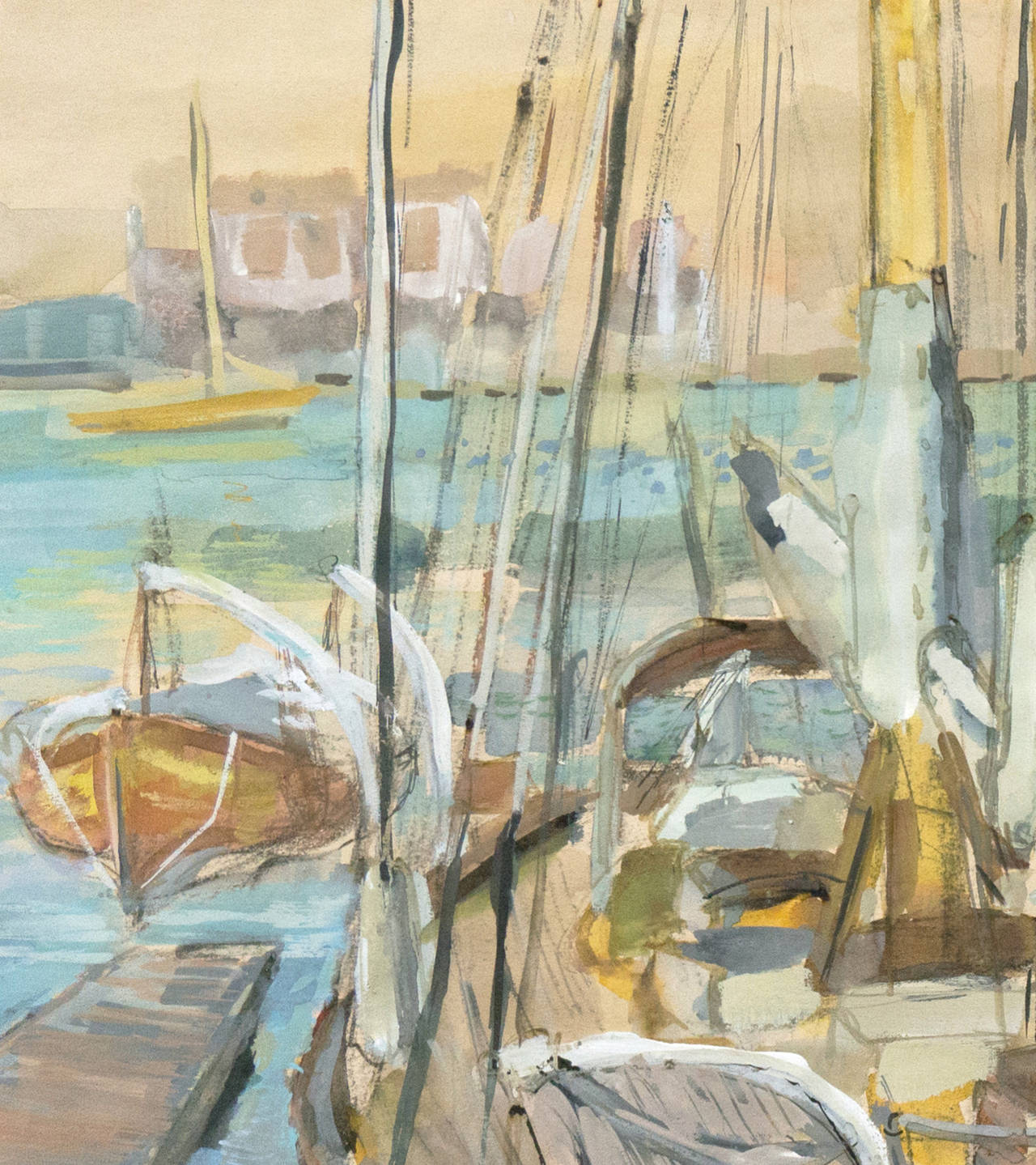 'Sailing Boat in Harbor', SFMOMA, Woman Artist, California Post-Impressionist - Brown Landscape Art by Jae Carmichael