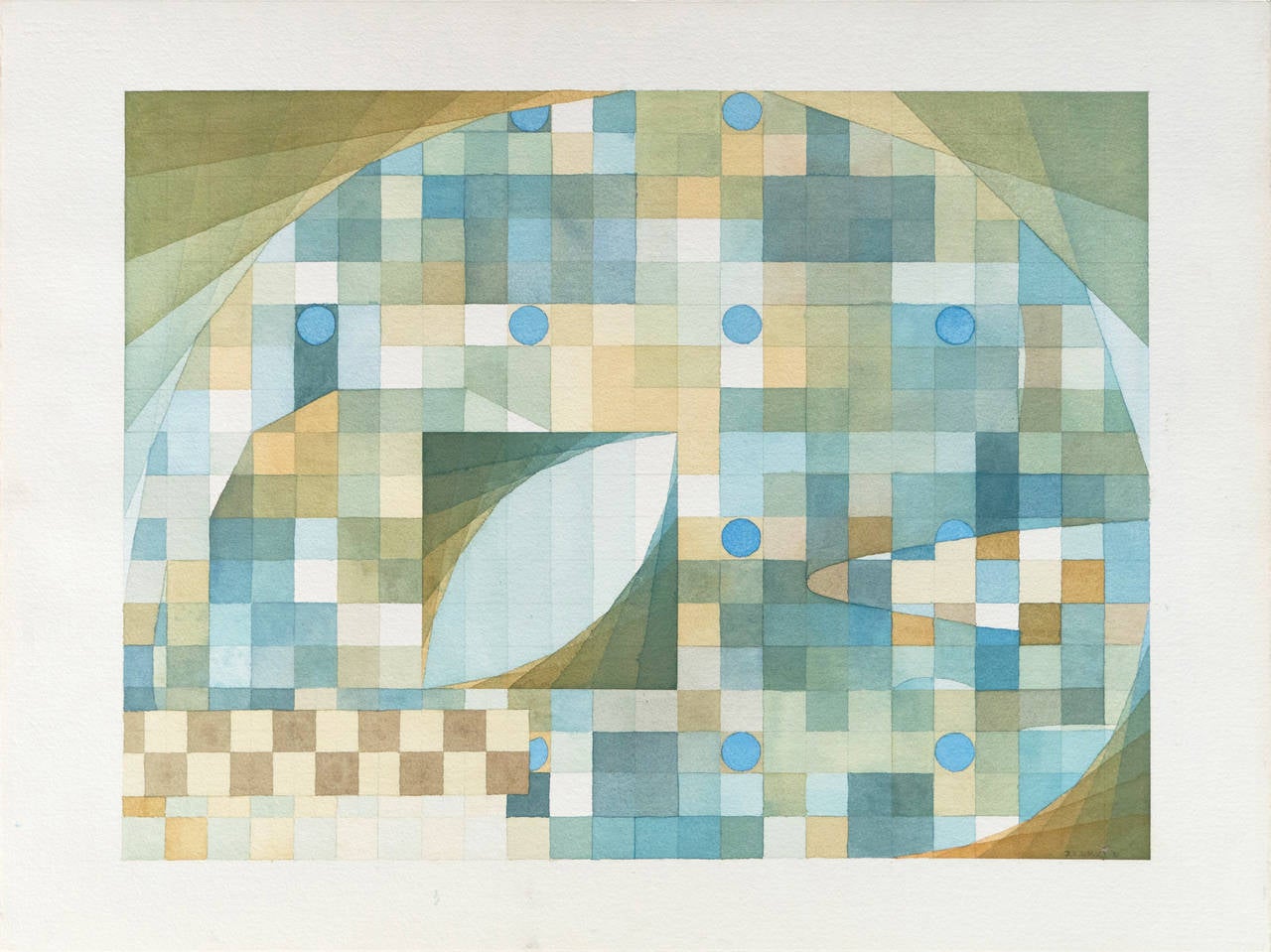 'Abstract in Azure and Jade', Large American School Watercolor - Art by D.M. Hubbard