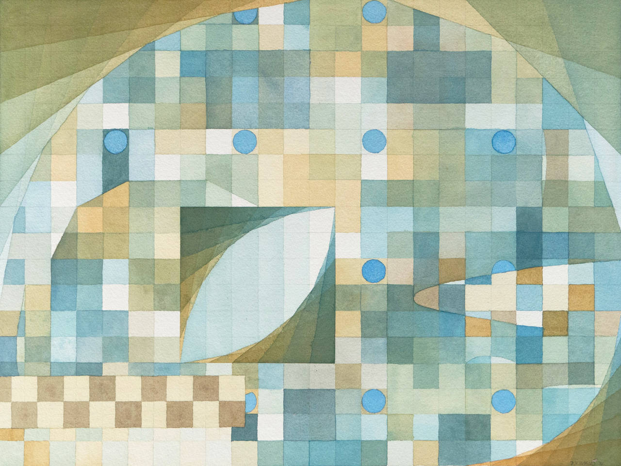 'Abstract in Azure and Jade', Large American School Watercolor