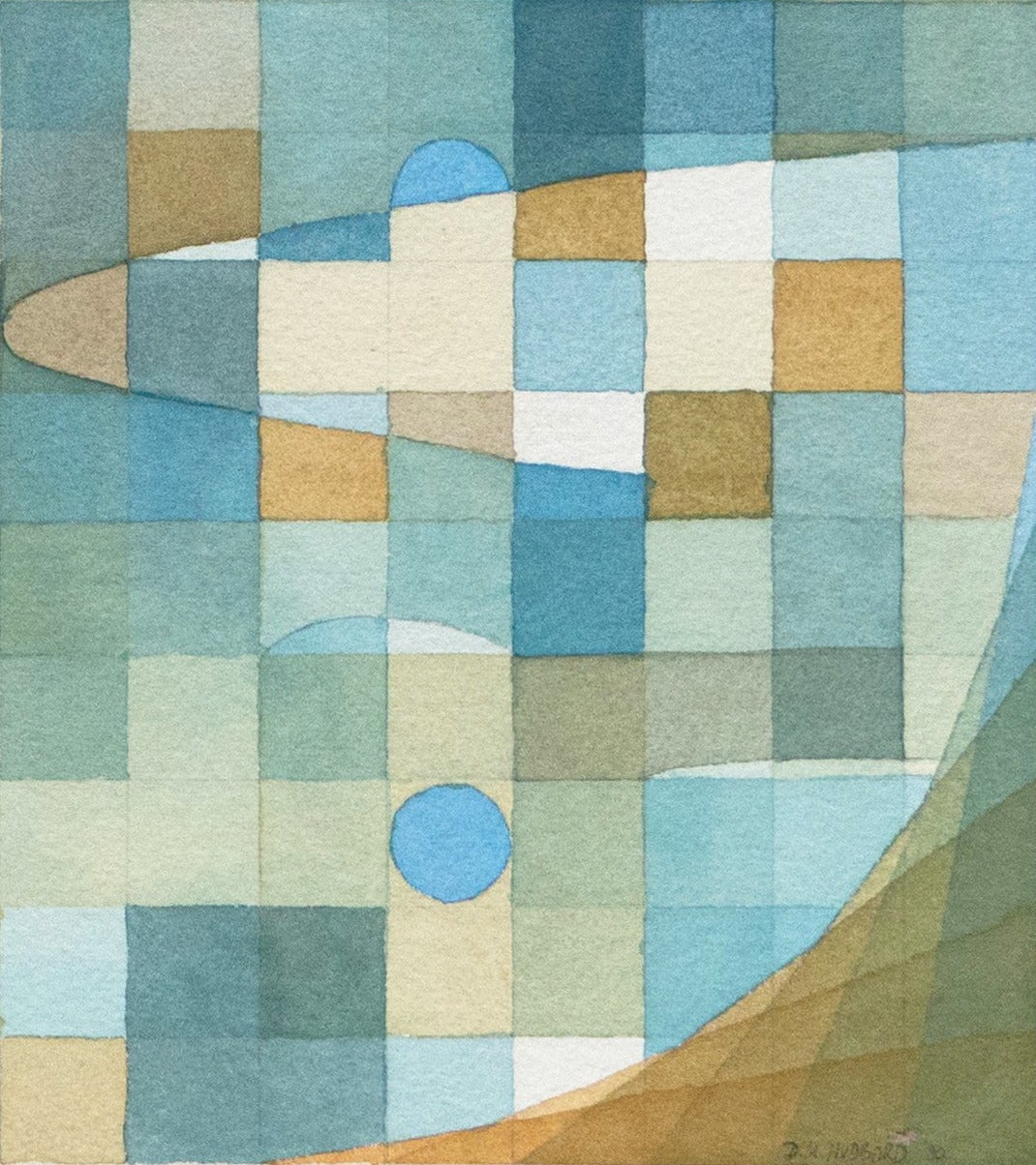 A substantial abstract watercolor comprising harmonious geometric forms arranged on a grid of blue, green, ivory and buff mosaic-like rectangles. Signed lower right 