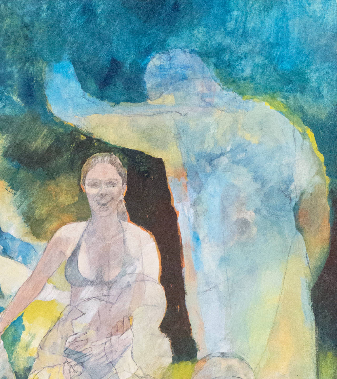 Une grande étude de plusieurs personnes en action contrastant sur un fond de jaune safran et de bleu céruléen. 

Signé en bas à droite 'Moesle', peint vers 1975 et titré au verso 'On That Day'.

Né en 1932, Robert Moesle a étudié la peinture à San