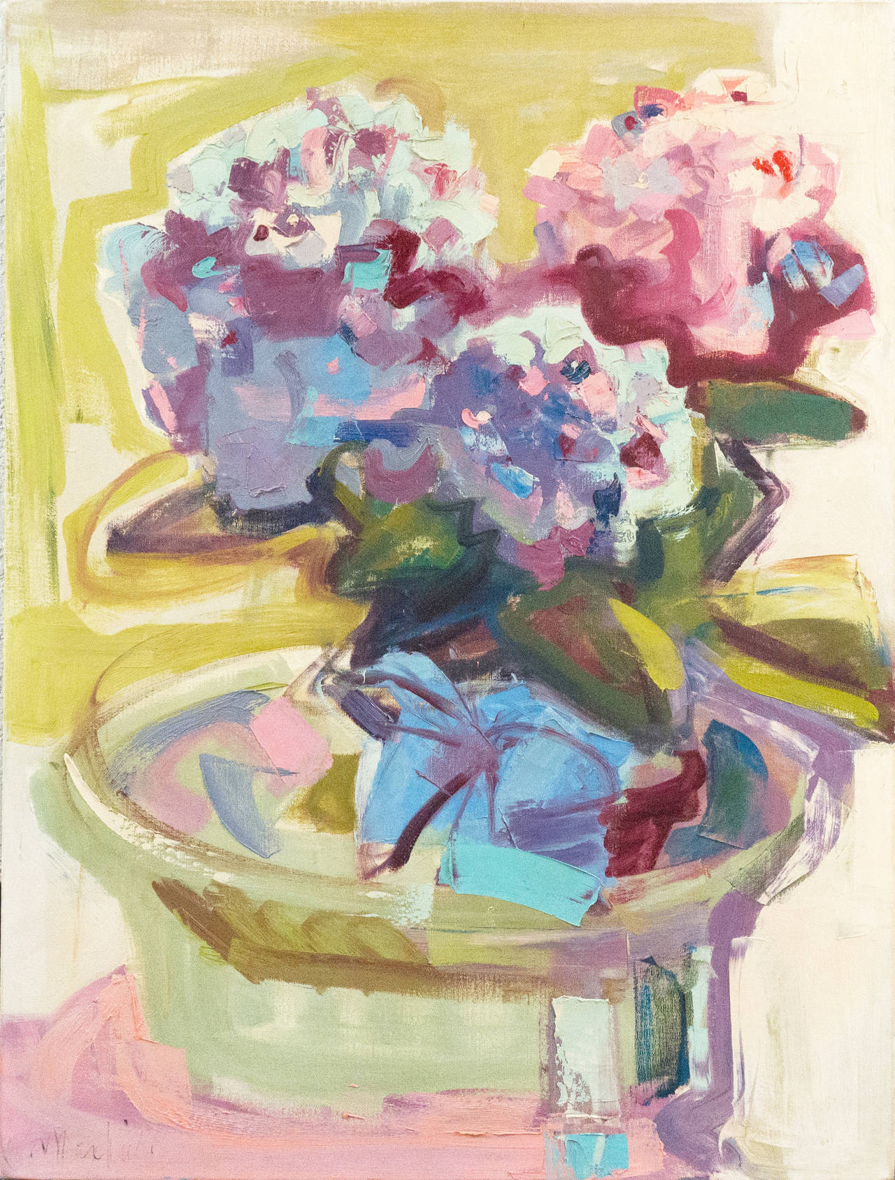 Marion Maxfield Still-Life Painting - Large California Modernist Still Life, 'Pink and Blue Hydrangeas', Woman Artist