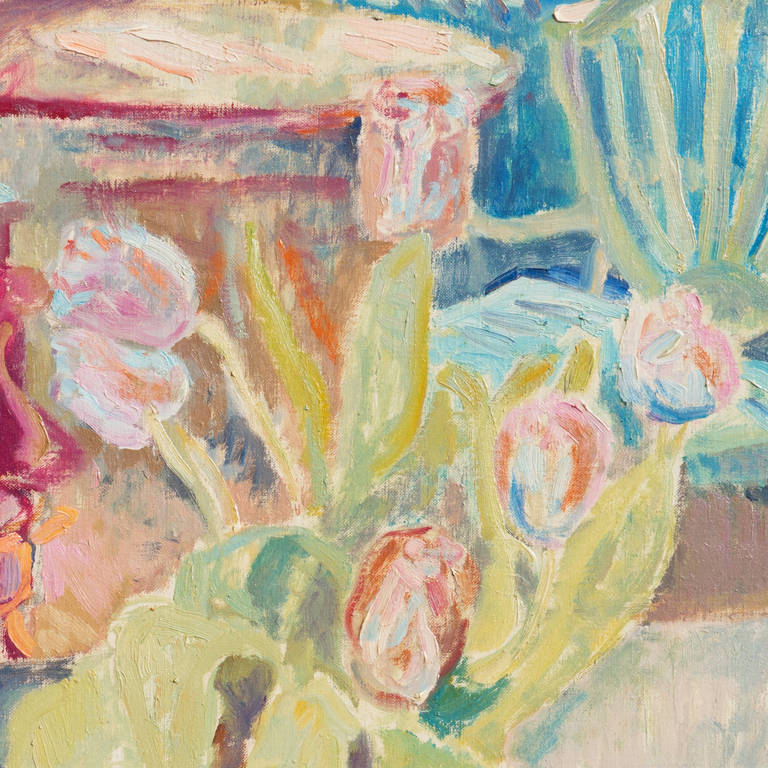 Still Life of Tulips in an Interior - Painting by Viggo Rorup