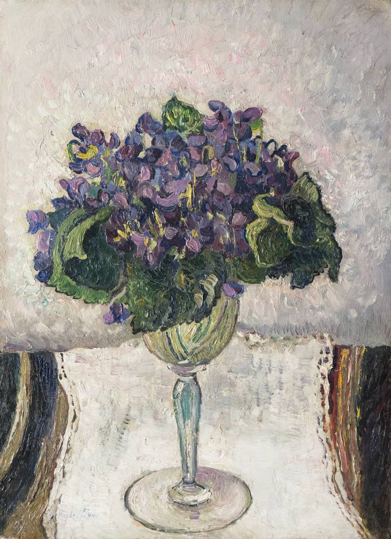 Richard Hayley Lever Interior Painting - Violets in a Wine Glass